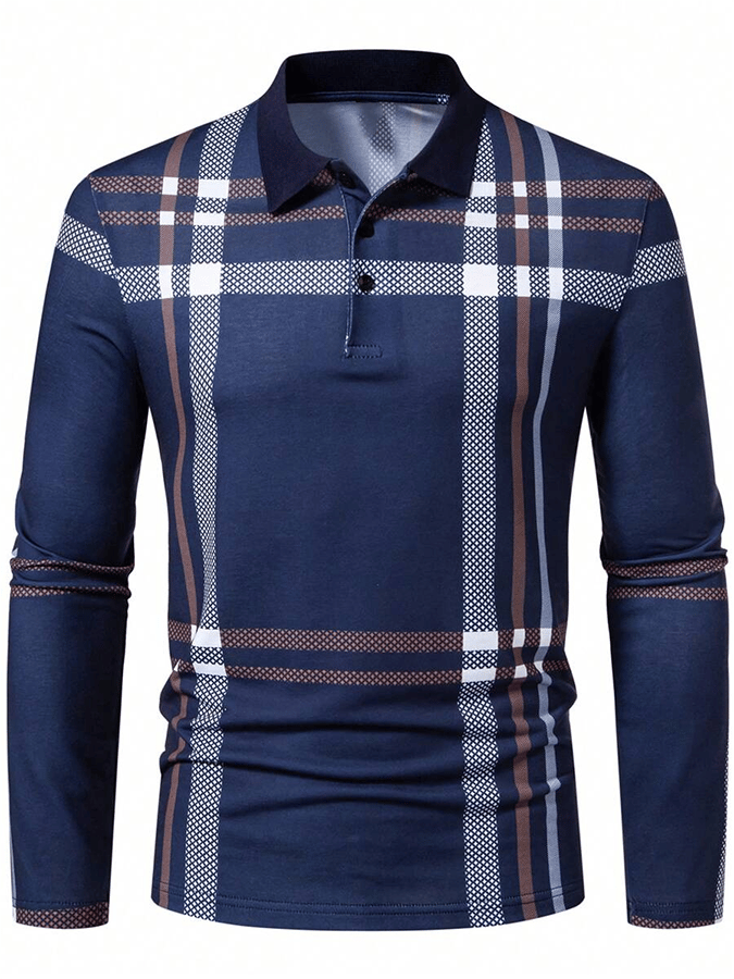 Camisa polo a cuadros ejecutivo casual de manga larga para hombre