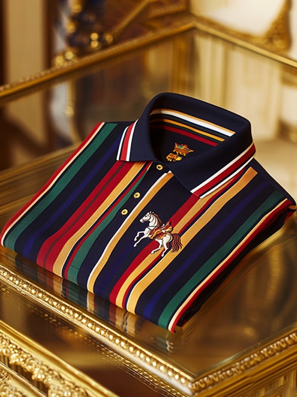 Camisa polo retro ejecutivo rayas estampado de manga larga para hombre