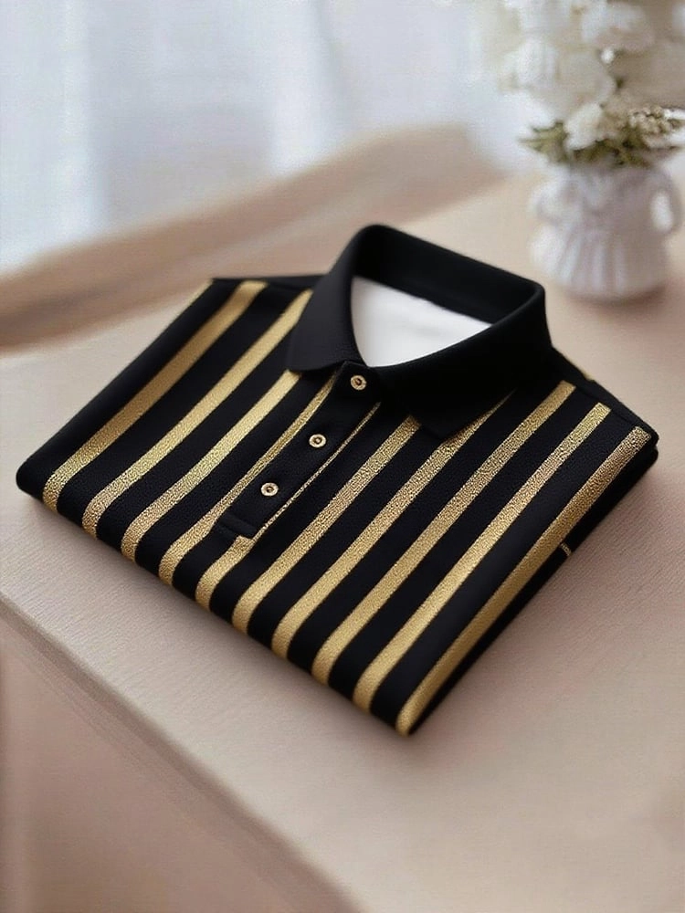 para hombre ejecutivo casual Gold and Black Stripe Button de manga corta camisa polo