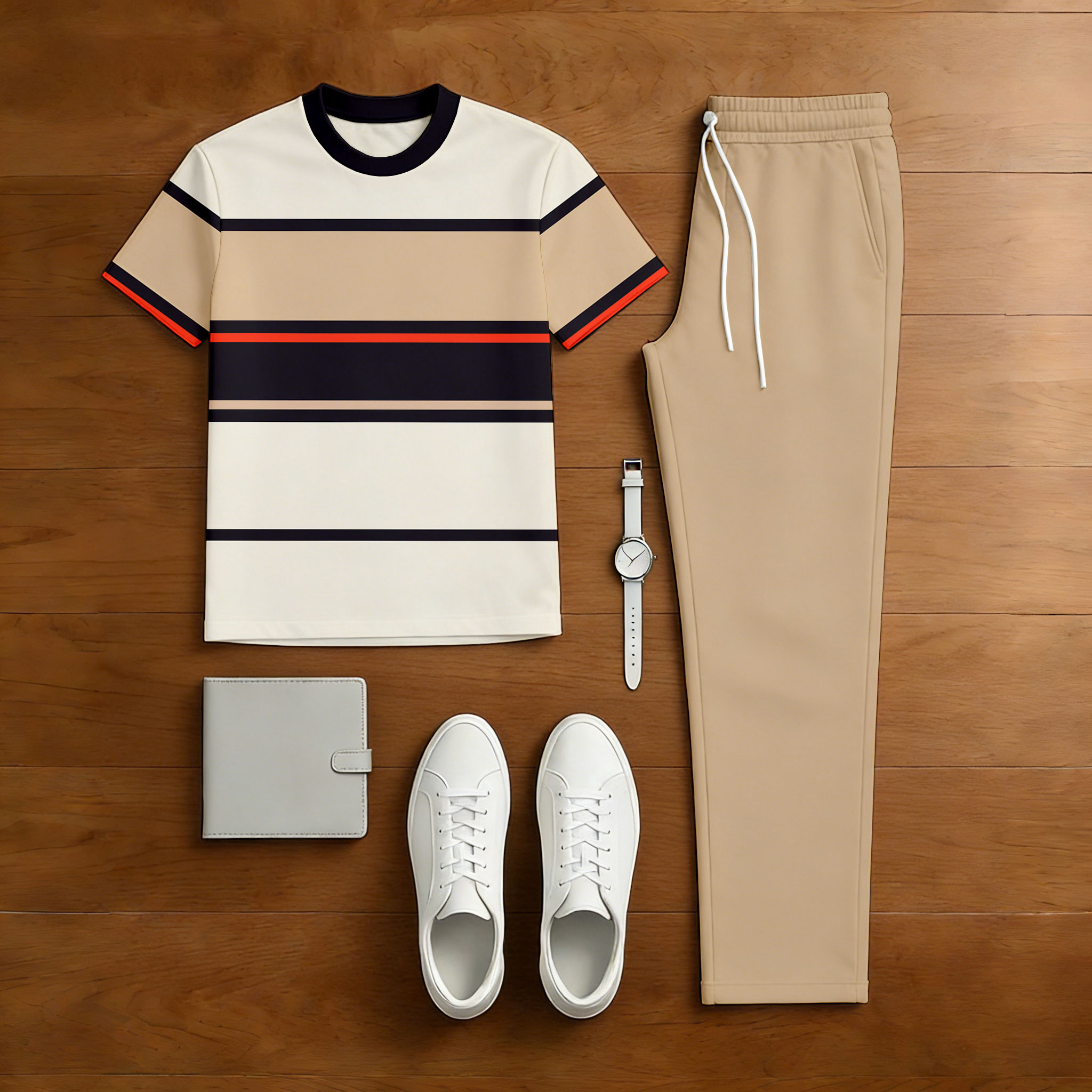 Conjunto de dos piezas casual Tan & Beige Color Matching a rayas estampado de manga corta camiseta & Trousers para hombre