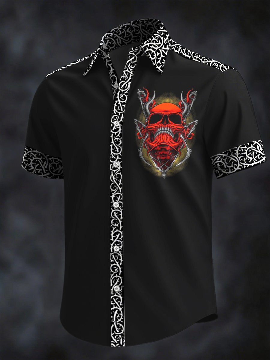 Camisa retro Horror Skull estampado solapa de manga corta para hombre