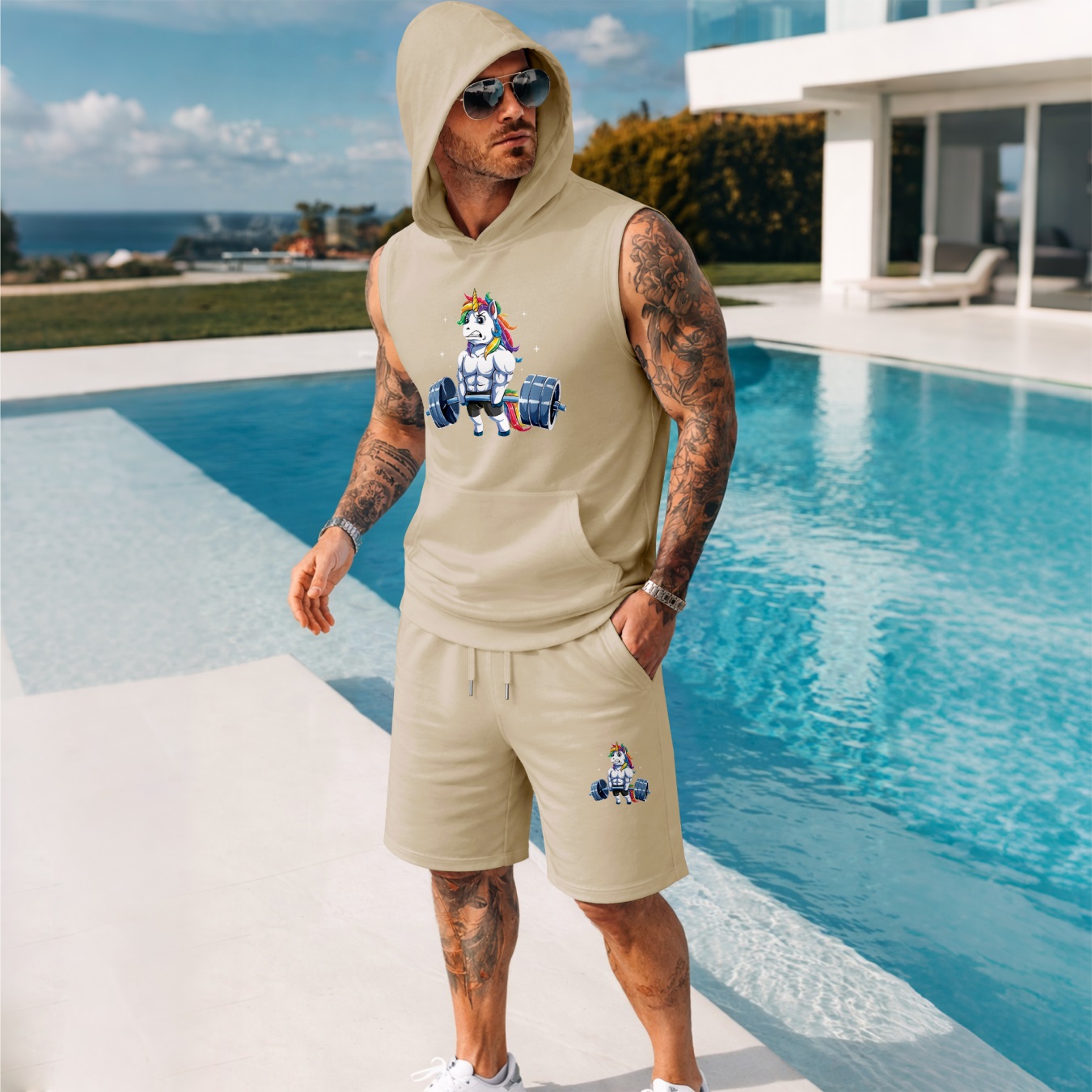 Sudadera con capucha Sleeveless & shorts Set – Muscle Unicorn estampado, casual Summer Two-Piece Outfit, Regular Fit Athletic Streetwear, TikTok Trending Gym de moda, Lightweight Summer Activewear para hombre