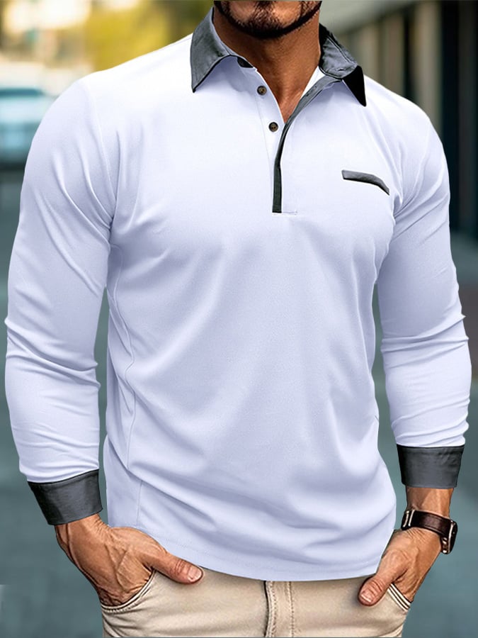 Camisa polo de moda en bloques de coloring Half Button de manga larga para hombre