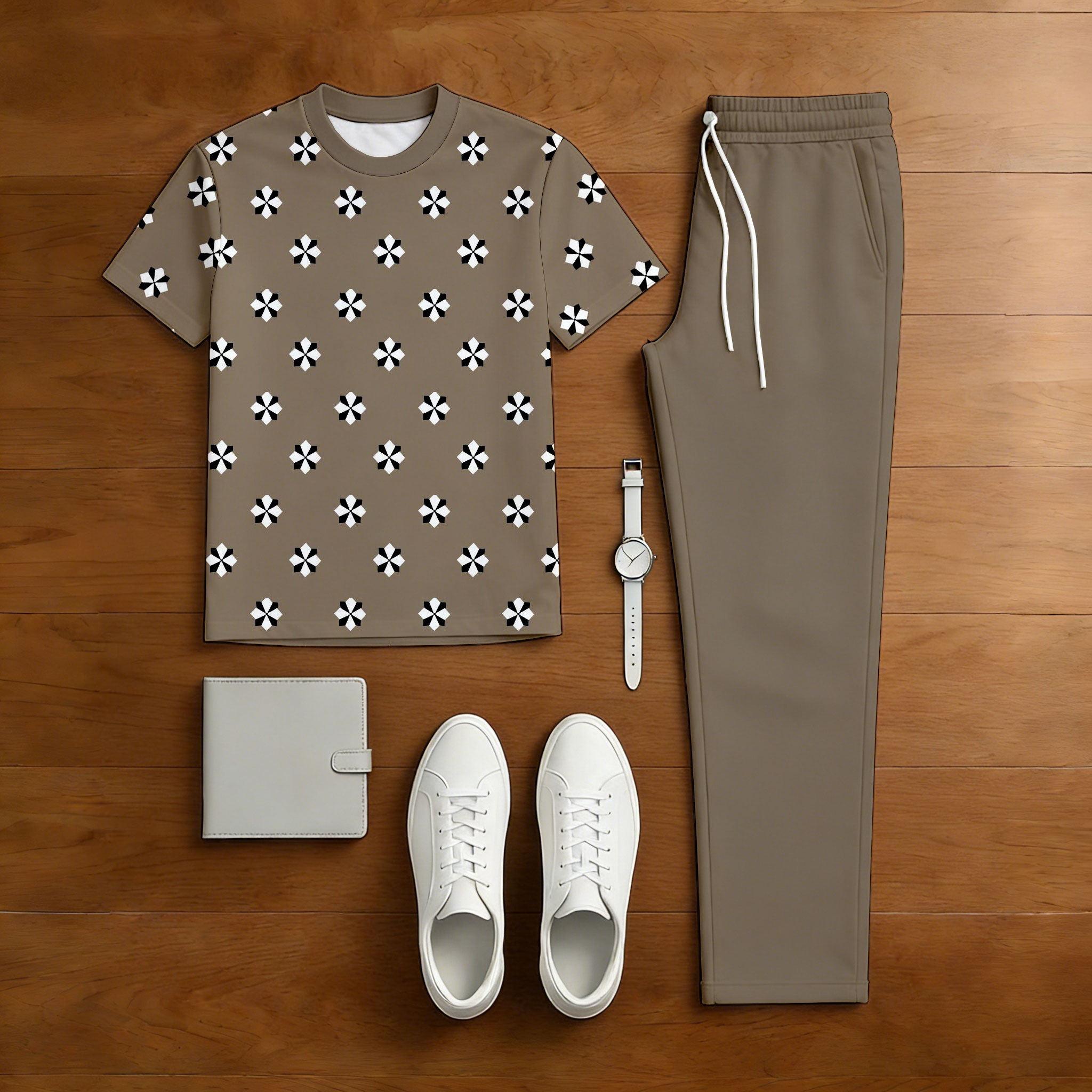 Conjunto de dos piezas casual Coffee Color Matching retro Style estampado de manga corta camiseta & Trousers para hombre