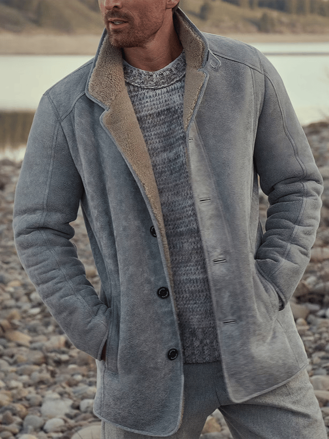 para hombre de modaable Open Pocket Button Design Imitation Leather Plush Warm Coat