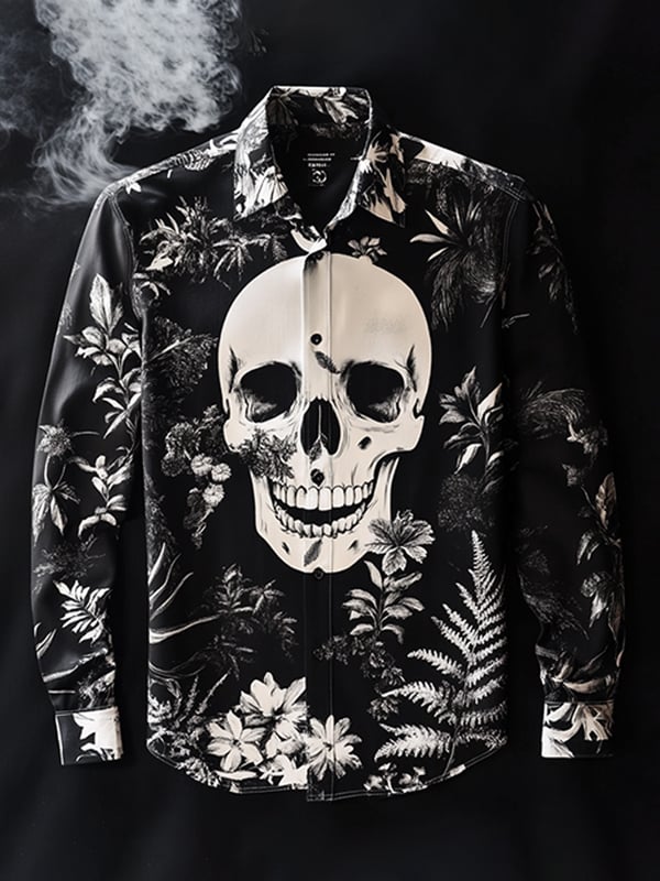 Camisa para exterior vintage Skull and floral de manga larga para hombre