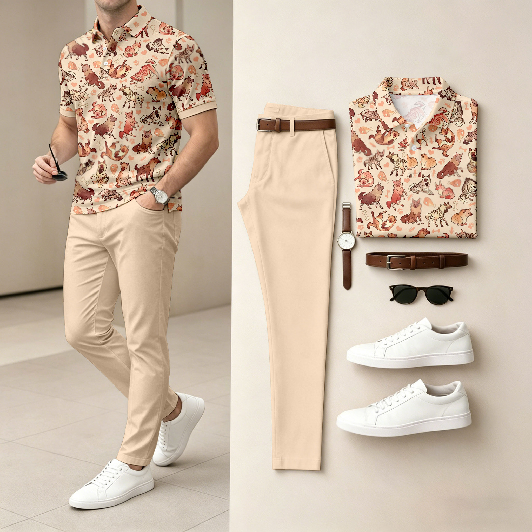 Conjunto de dos piezas casual Apricot-Colored Animals estampado camisa polo And pantalón para hombre