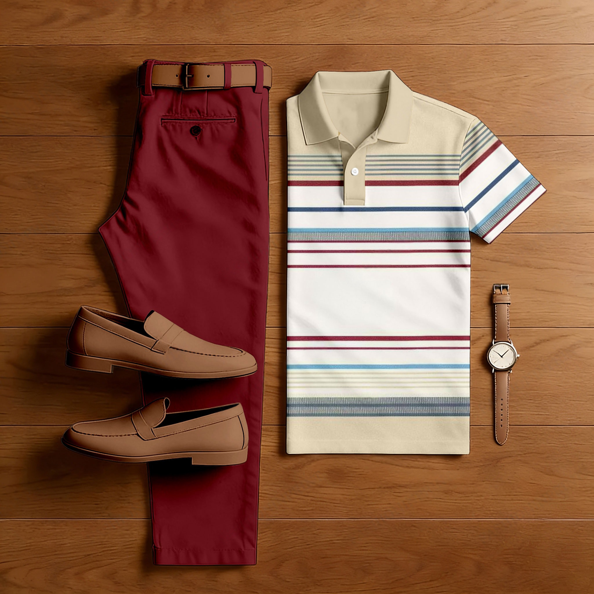 Conjunto de dos piezas casual Apricot rayas estampado camisa polo And pantalón para hombre