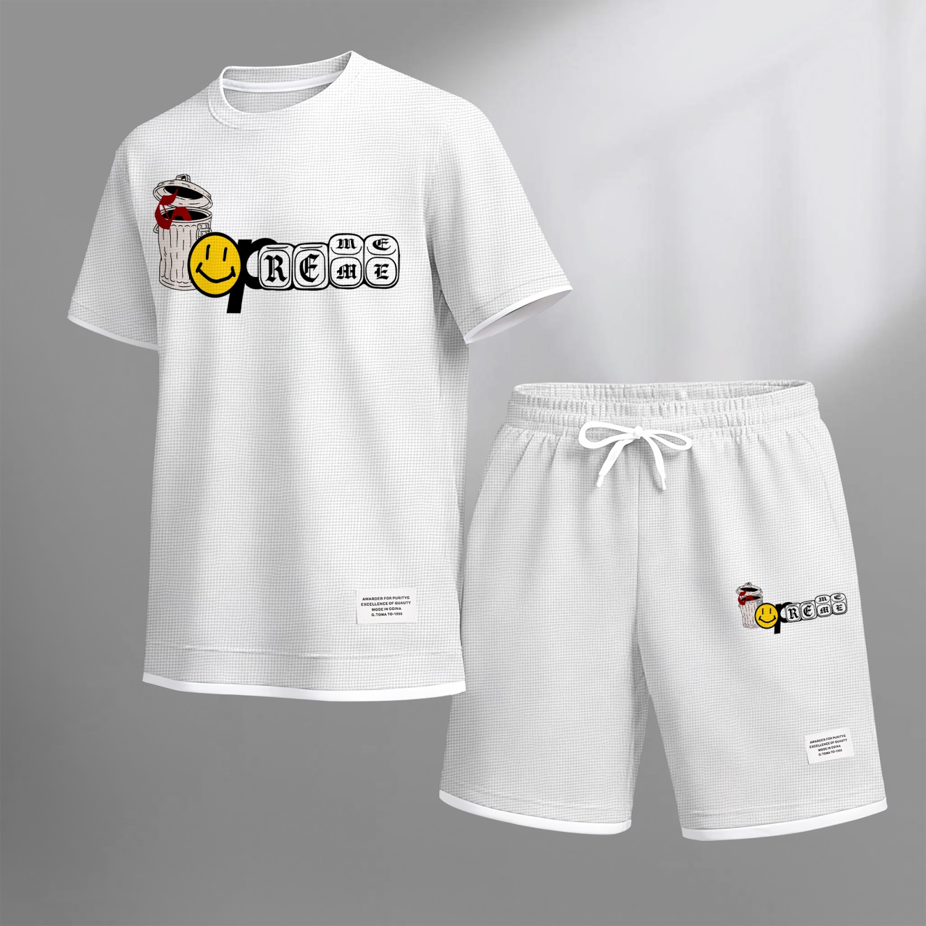 Camisa Graffiti Collage Design estampado Waffle Fabric de manga corta And shorts Set para hombre