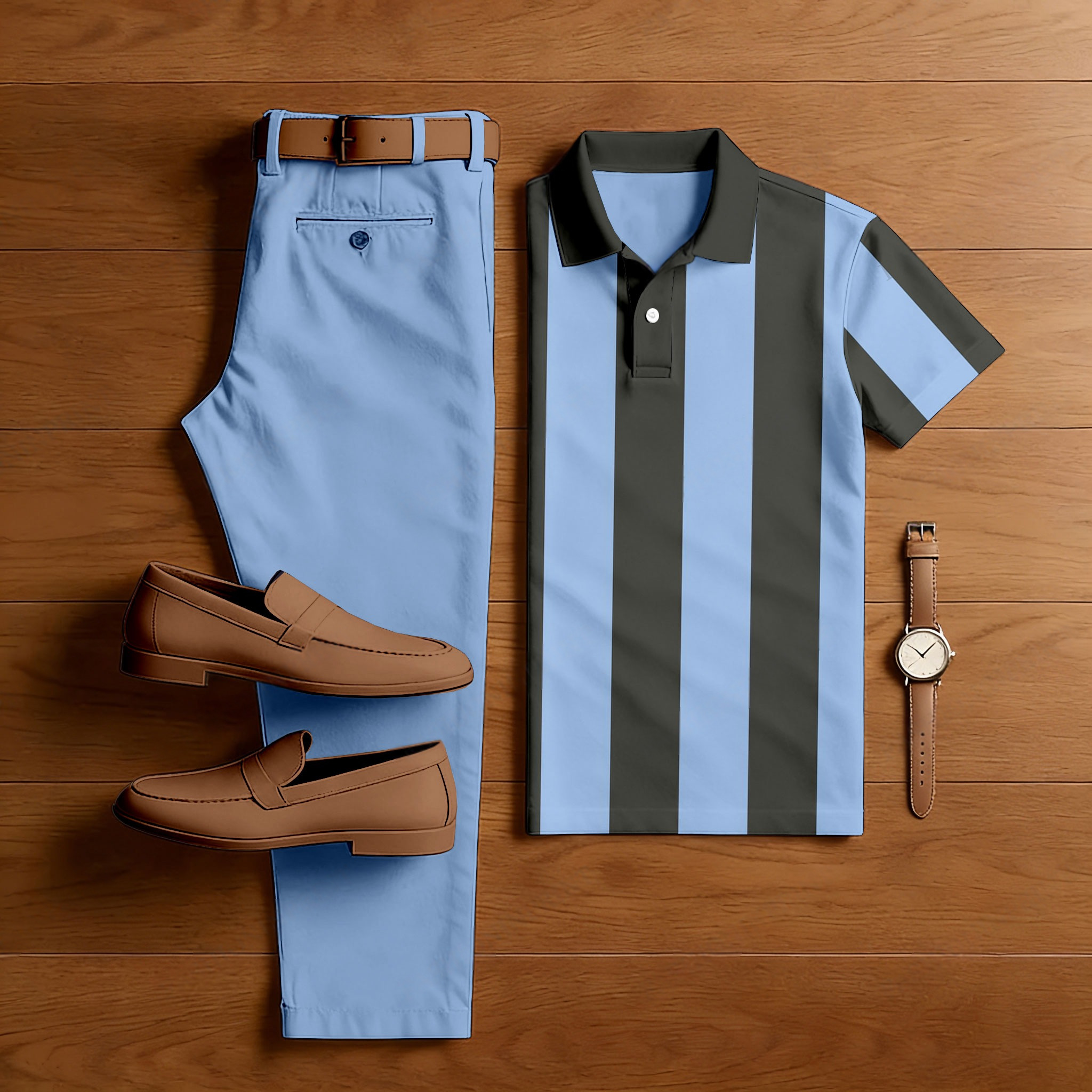 Conjunto de dos piezas casual Light Blue & Gray a rayas estampado camisa-Sleeved camisa And shorts para hombre