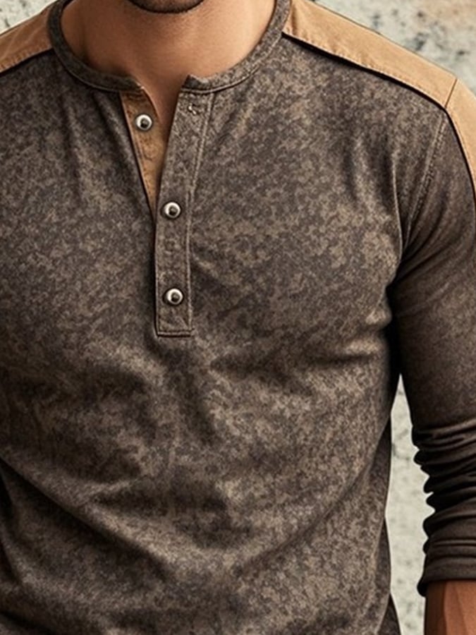 Camisa casual retro casual Colorblock de manga larga Henley para hombre