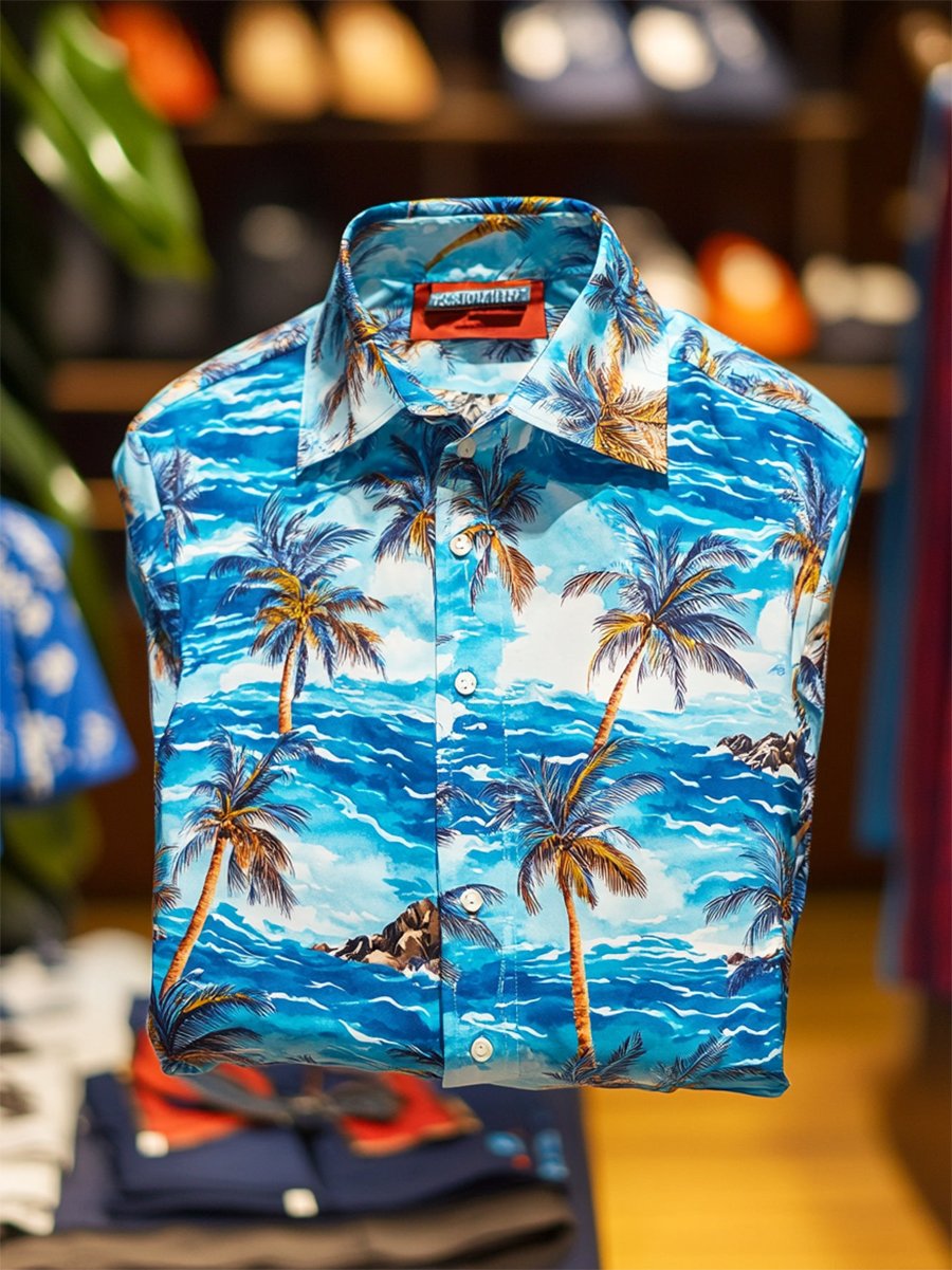 Camisa Vacation casual Wave Coconut Tree estampado de manga larga para hombre