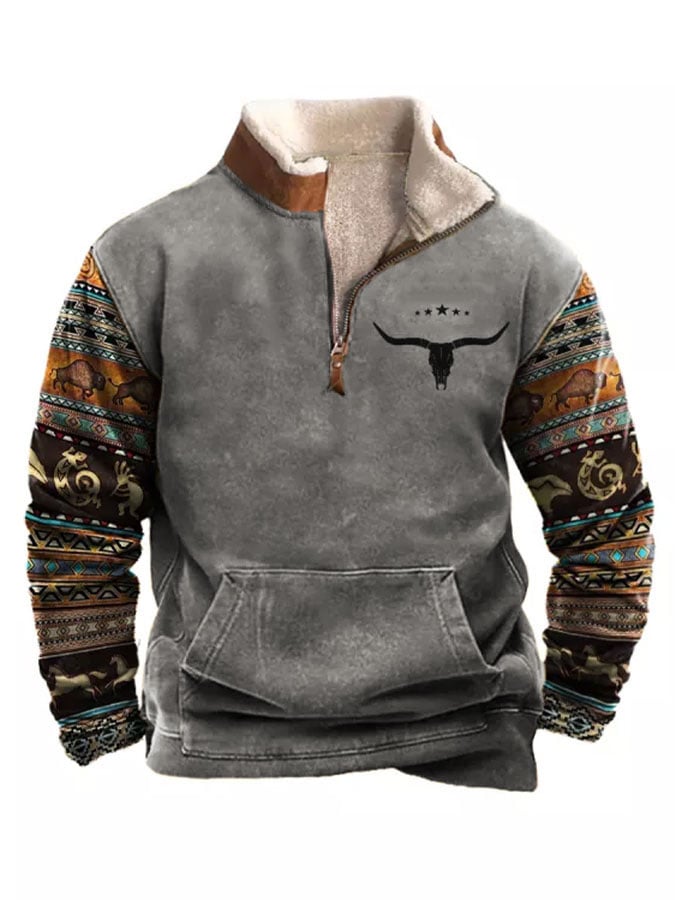 Sudadera Western Ethnic Style casual cierre polar para hombre