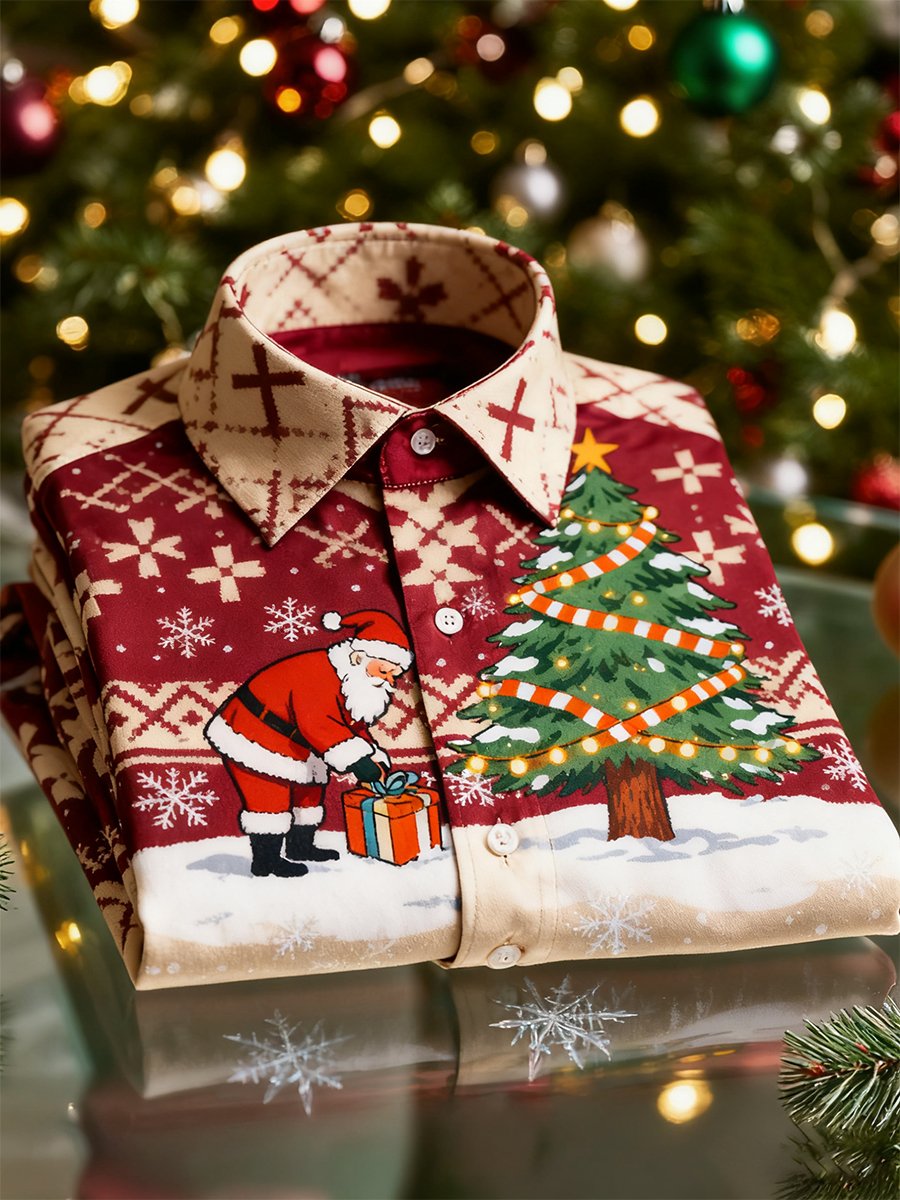 Camisa Christmas de manga larga con botones para hombre