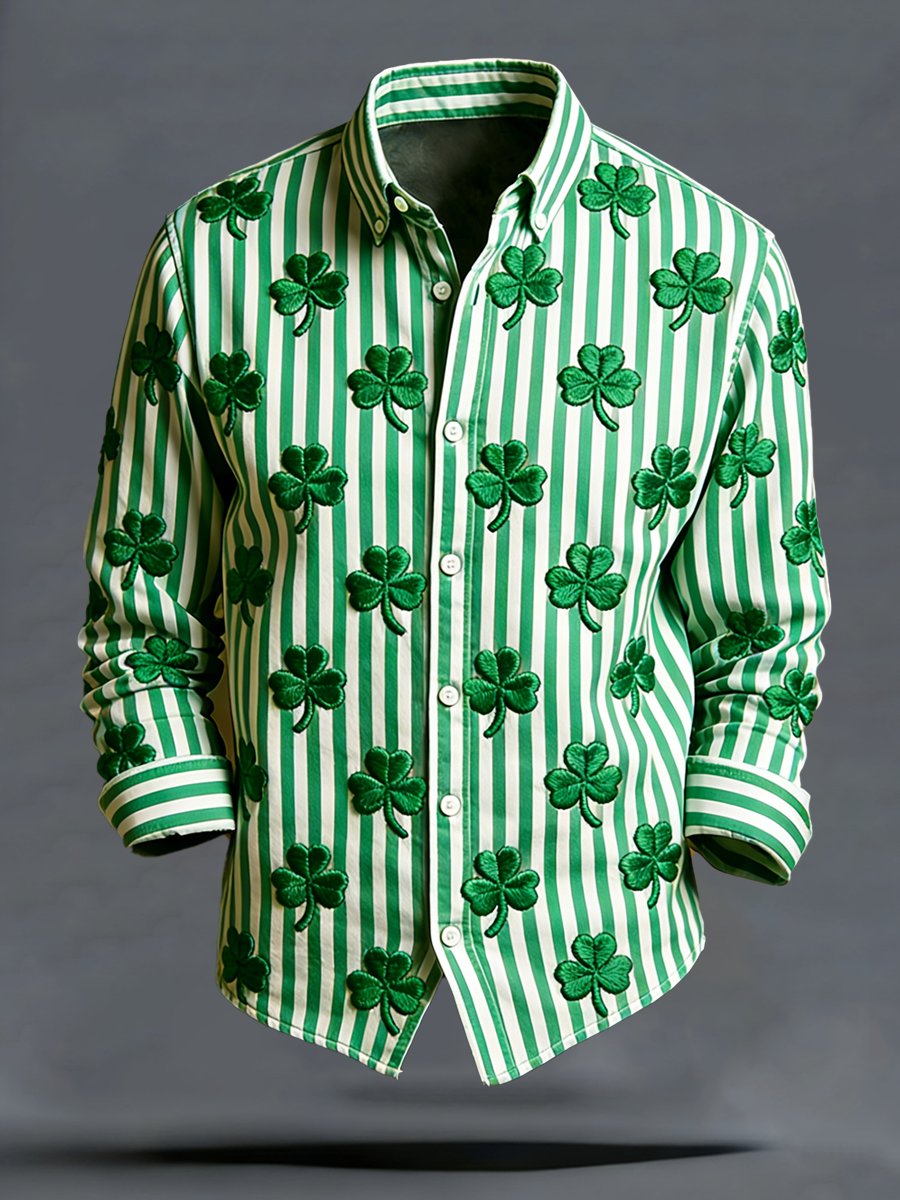 Camisa de lujo St. Patrick's Day Shamrock estampado de manga larga para hombre