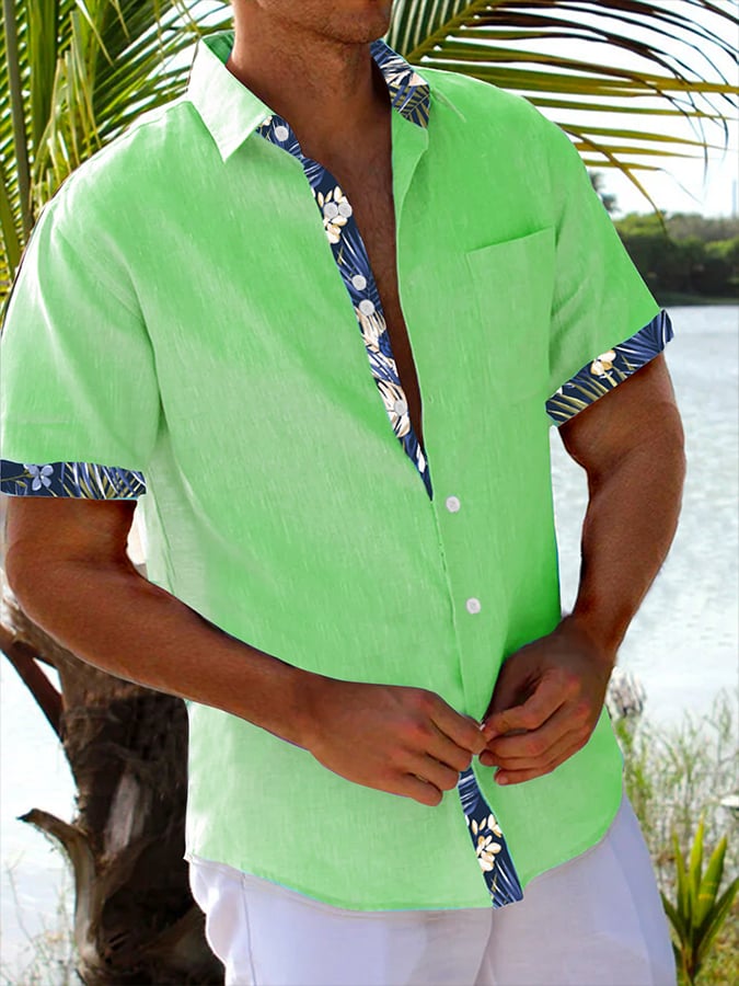 Camisa Resort Style Contrast estampado casual de manga corta para hombre