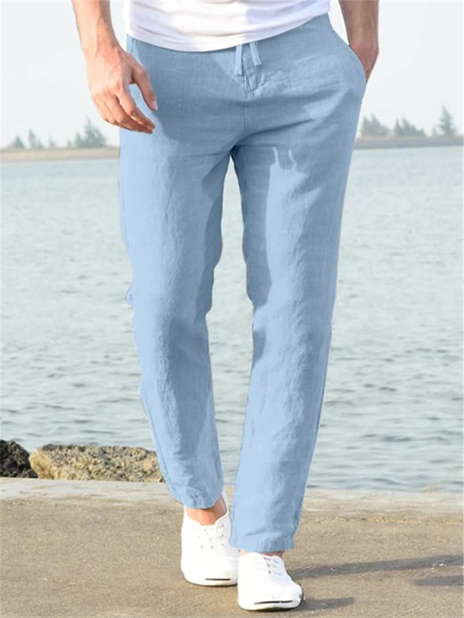 Casual de color sólido de algodón And de lino Drawstring Elastic Waist Trousers para hombre