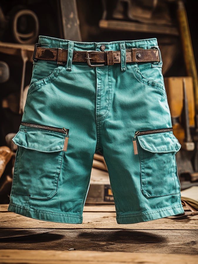 Shorts vintage para exterior cuero cierre bolsillo Functional Cargo para hombre