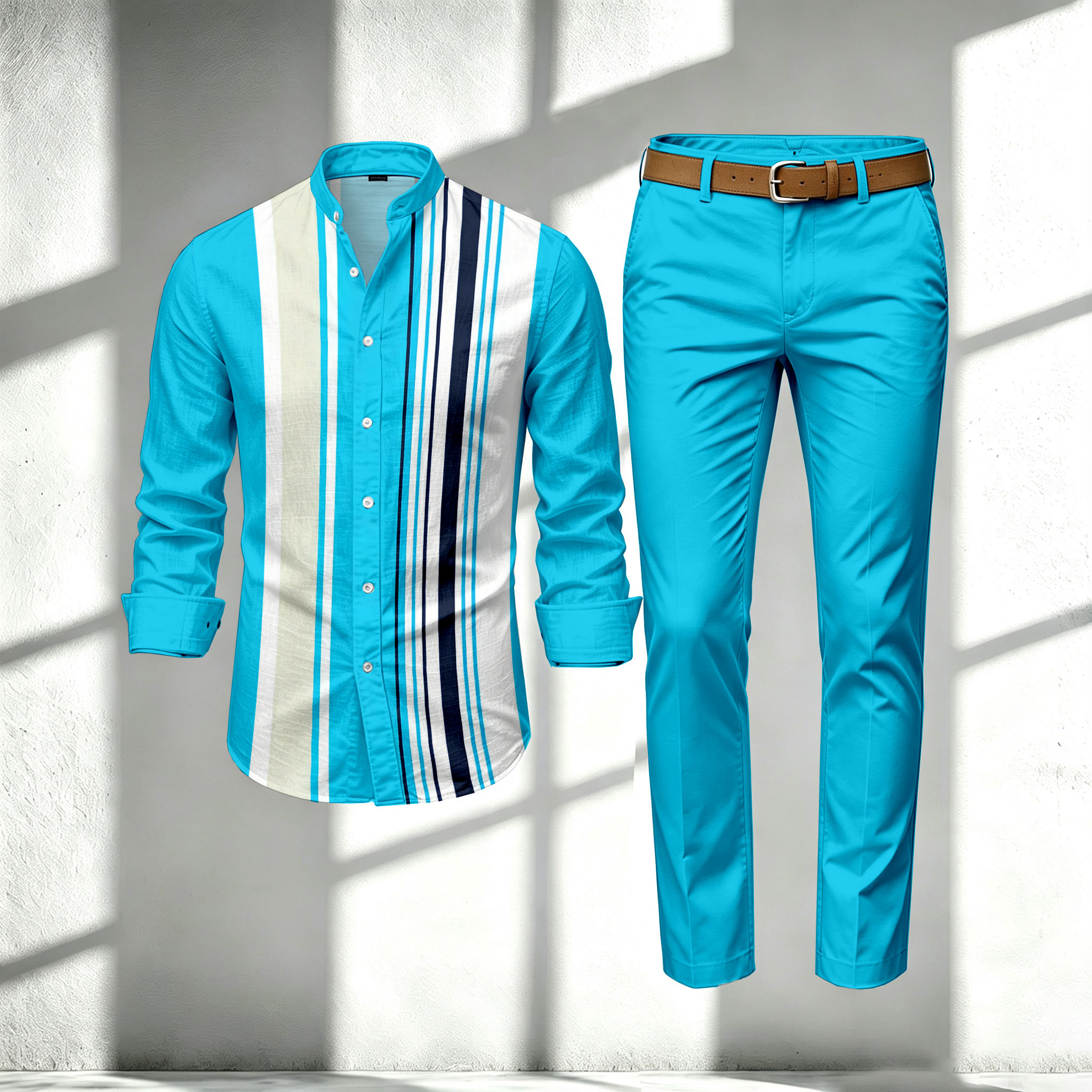 para hombre Multi-Color Stand-Collar Block-Print de manga larga camisa and pantalón Set