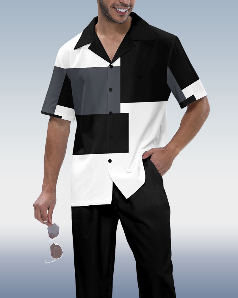 Camisa en bloques de color de lujo estampado de manga corta Walking Set 1015 para hombre