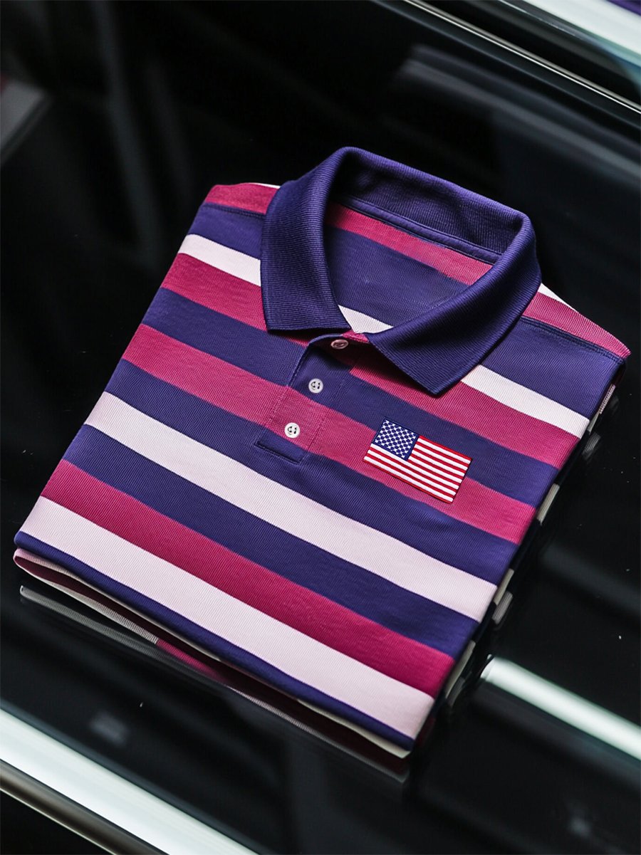 Camisa polo ejecutivo casual Independence Day a rayas Button de manga corta para hombre