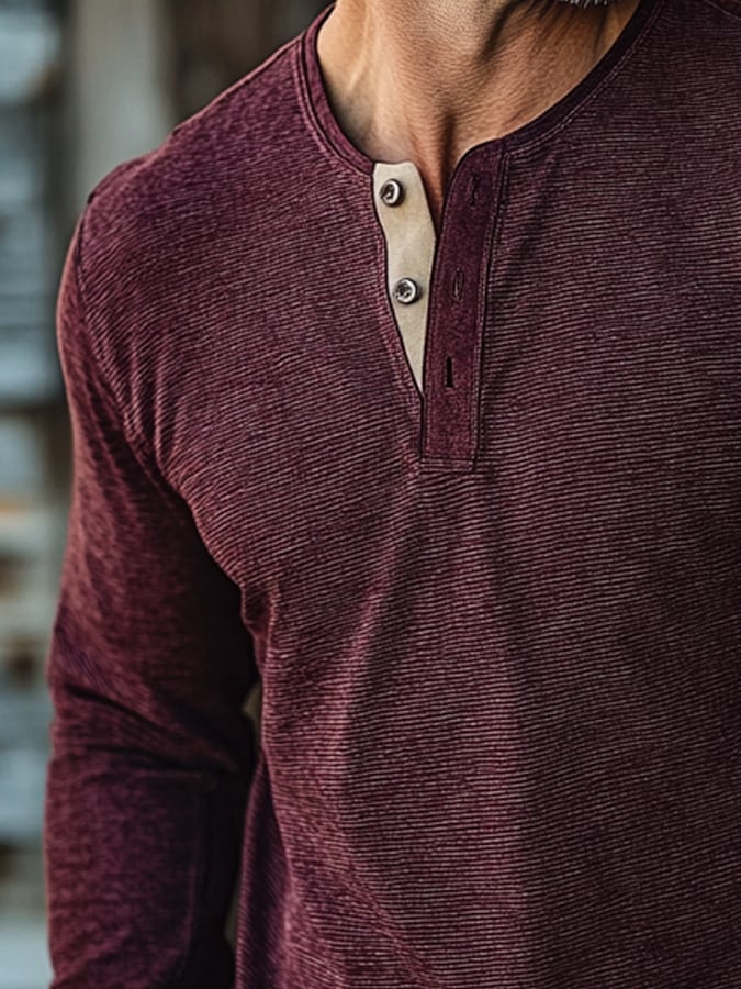 Camisa casual retro casual Colorblock de manga larga Henley para hombre