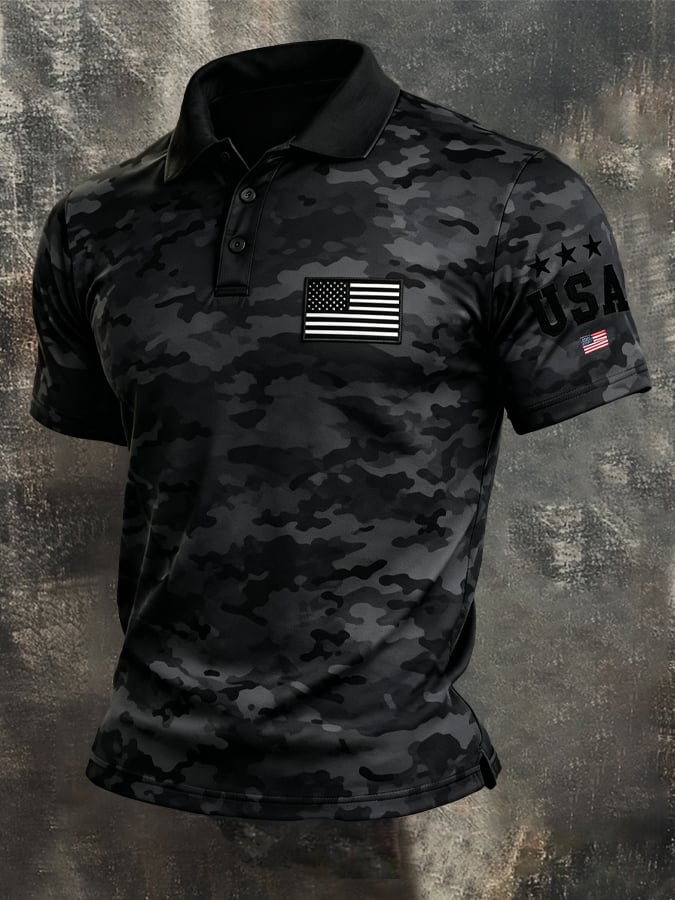 Retro Patriot en bloques de color Polo Collar de manga corta para hombre