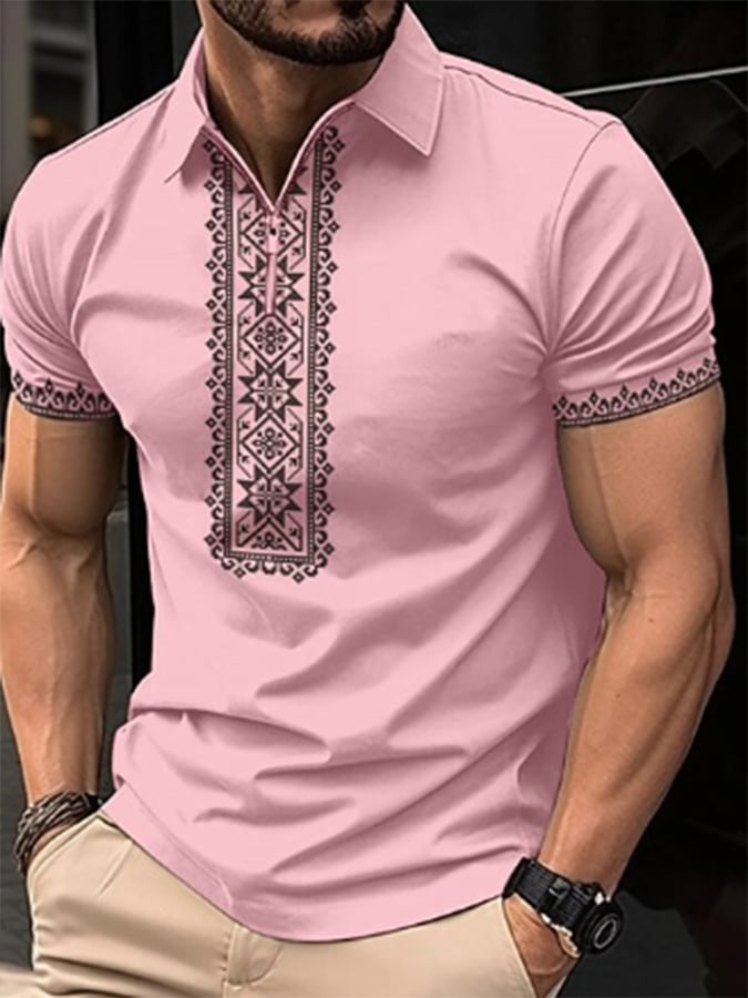 Camisa polo retro Tribal Pattern Colorblock Lapel Zipper Pullover casual