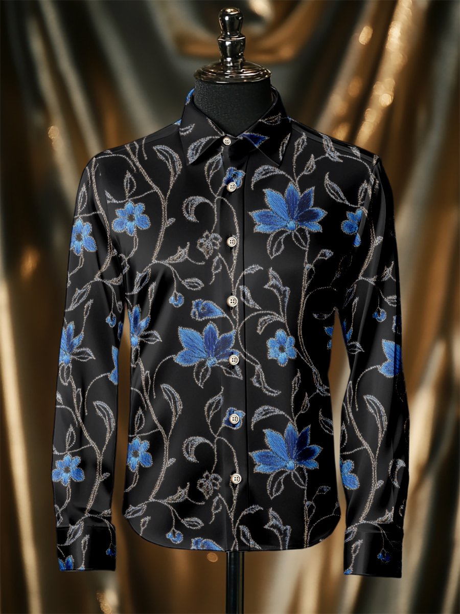 Camisa seda Flowers de lujo ejecutivo de manga larga para hombre