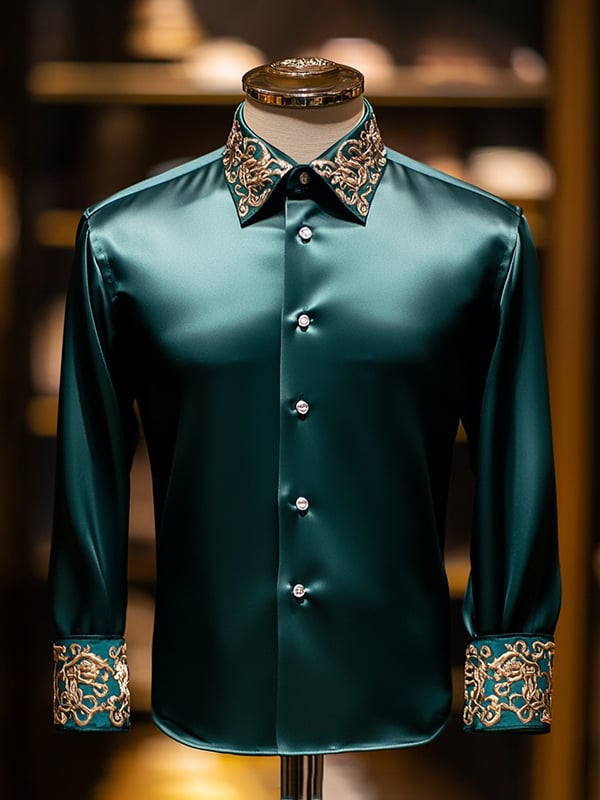 Camisa satén de lujo de color sólido ejecutivo de manga larga para hombre