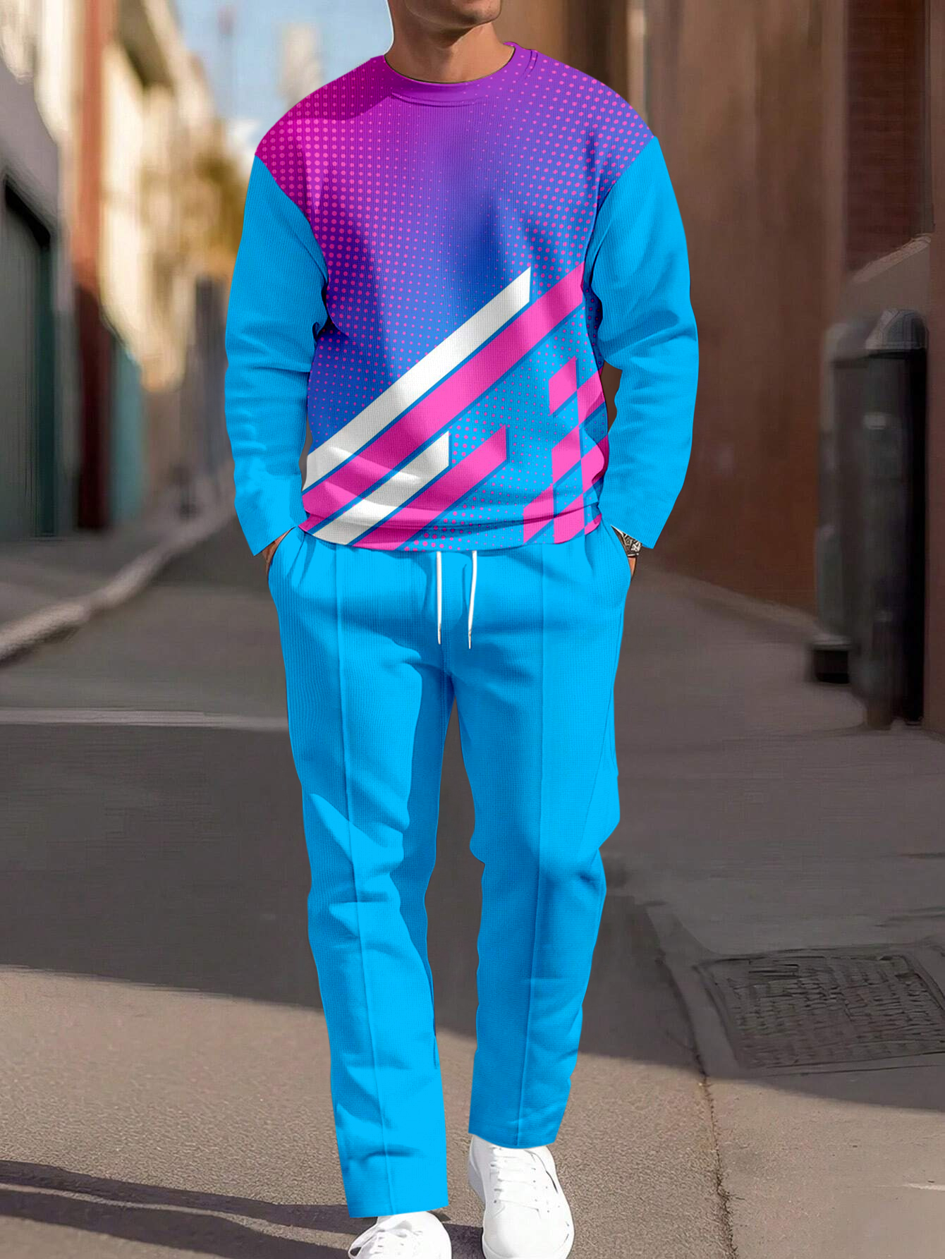 Simple Colorblock Round Neck casual Sports Set 076 para hombre