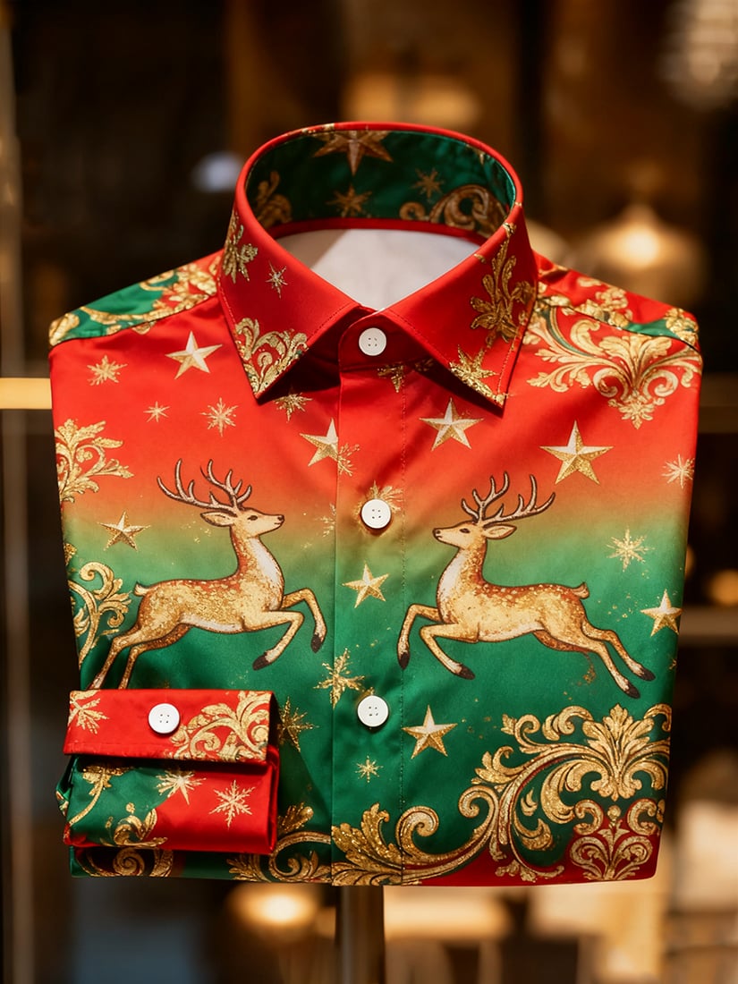 Camisa Christmas Holiday con botones de manga larga para hombre
