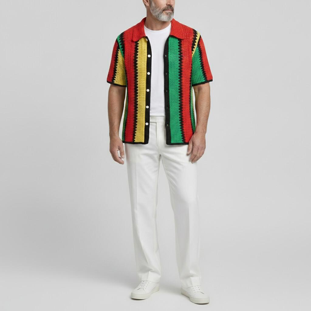 Camisa casual Colorblock a rayas Hollow Out Button-Up de manga corta para hombre