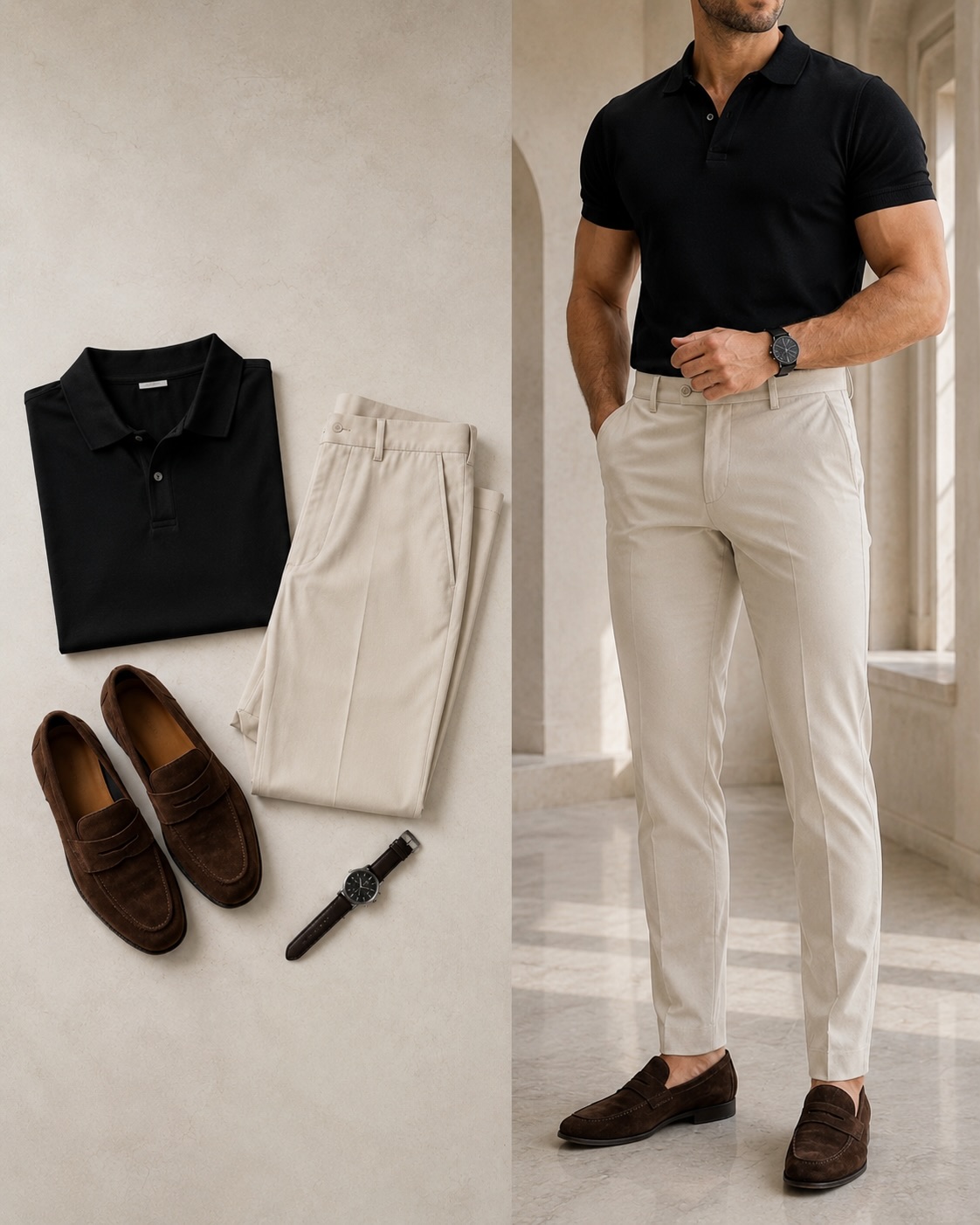 Conjunto de dos piezas casual Black Color Matching de manga cortas camisa polo & Jeans pantalón para hombre