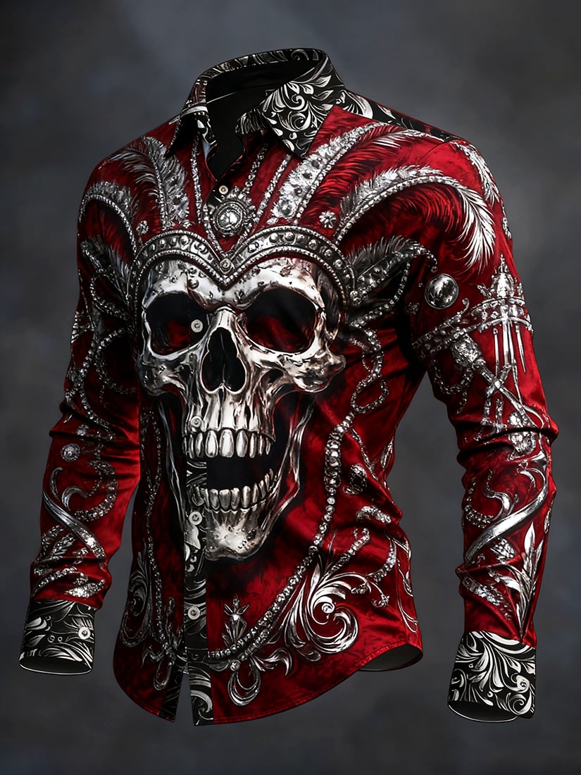 Camisa retro Carnival Skull de manga larga para hombre