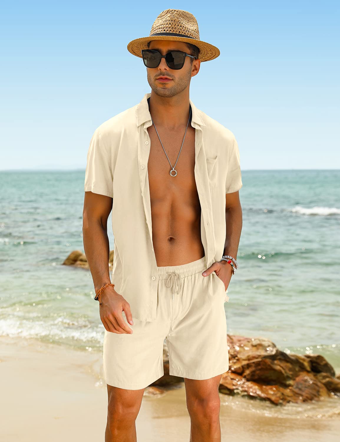 Camisa casual Apricot Vacation Style & shorts Set para hombre
