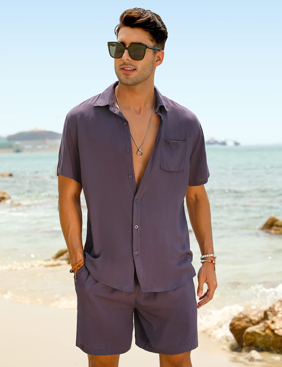 Camisa casual Apricot Vacation Style & shorts Set para hombre
