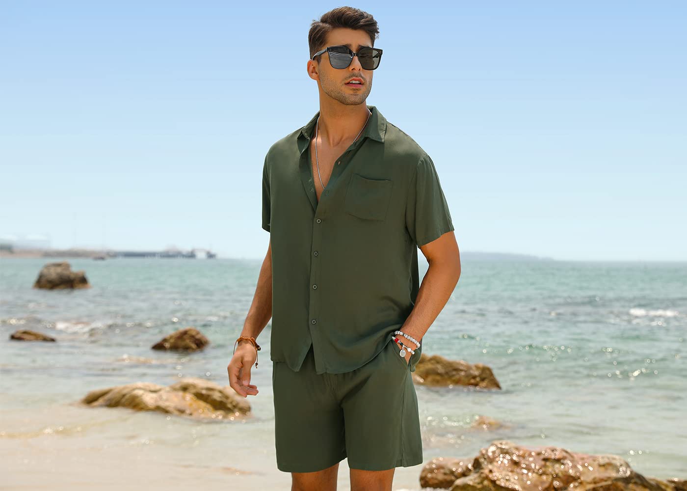 Camisa casual Apricot Vacation Style & shorts Set para hombre