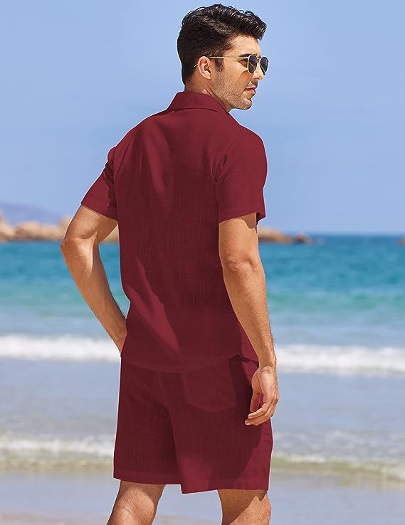 Shorts Khaki de lino Drawstring casual de manga corta Set para hombre