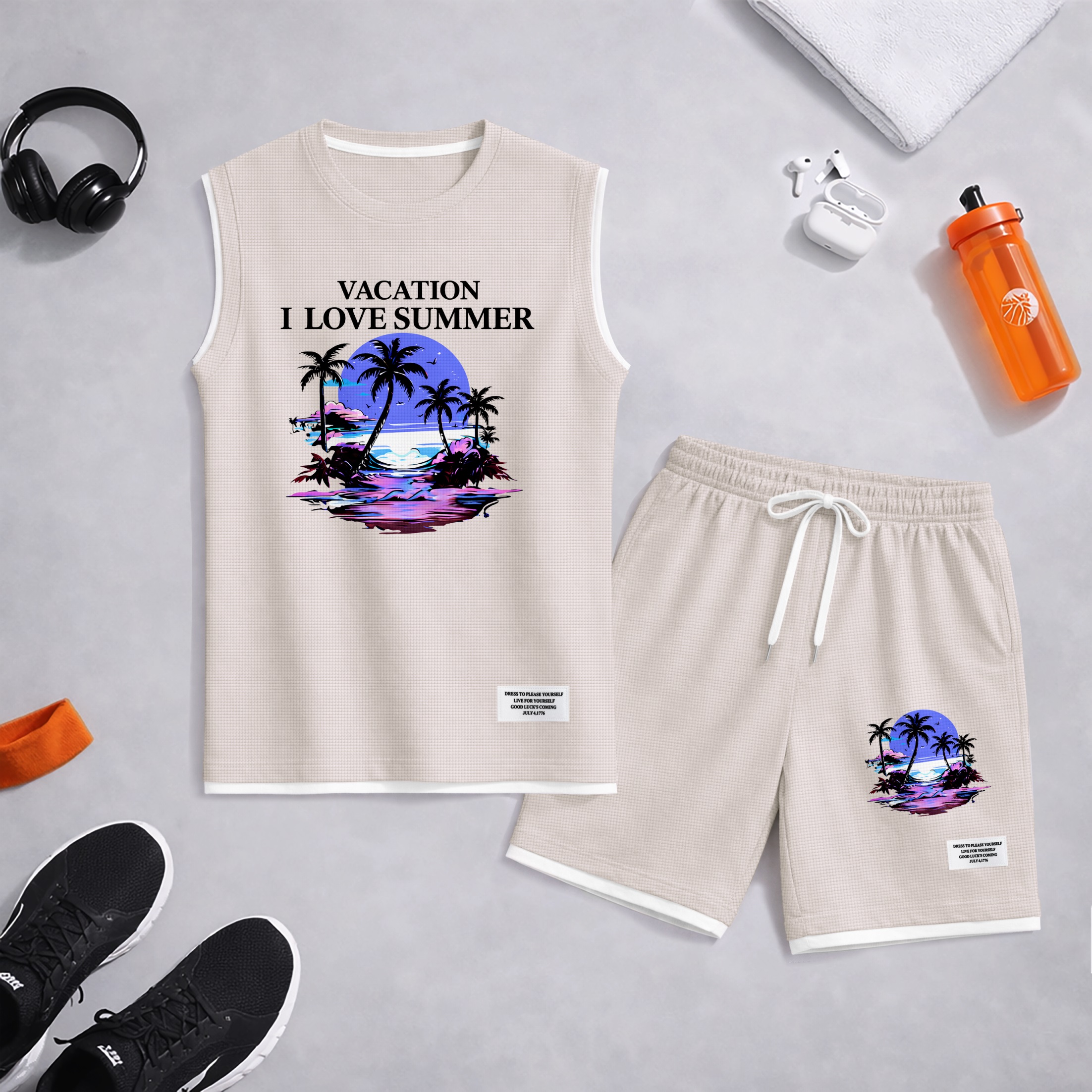 Shorts Tropical Beach Graphic estampado Summer Set Sleeveless Tank Top & Matching Outfit, Vacation Island estampado Lightweight casual Streetwear Set for Everyday & Holiday para hombre