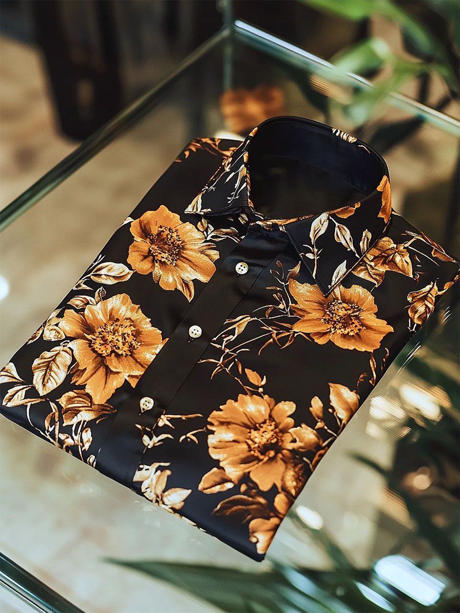 Camisa satén Luxe hawaiano estampado de manga corta Button para hombre
