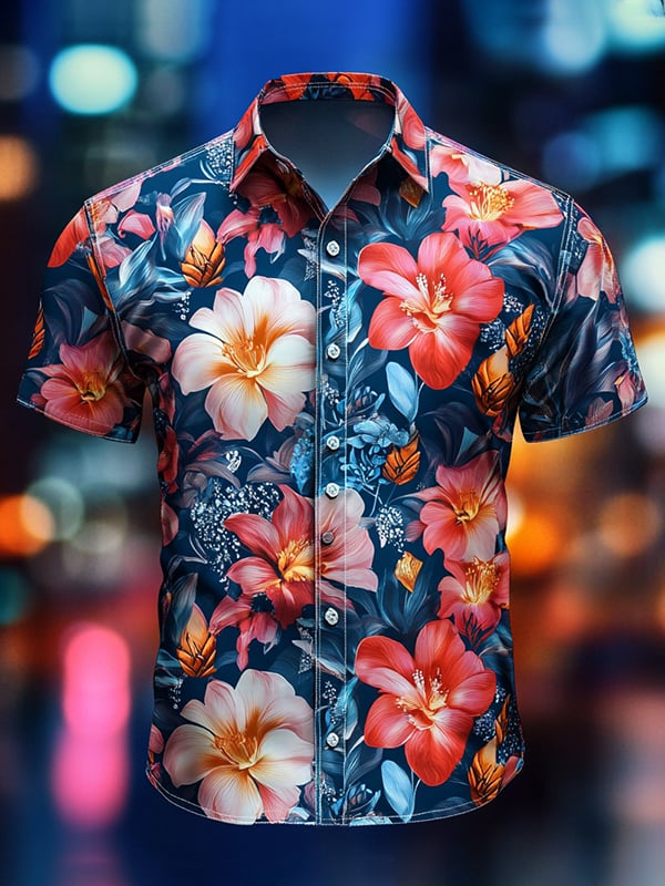 Camisa Beach Vacation floral de manga corta para hombre