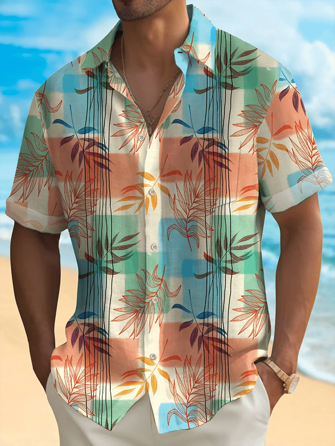 para hombre Hawaiian Leaf Print de manga corta Pockets camisa