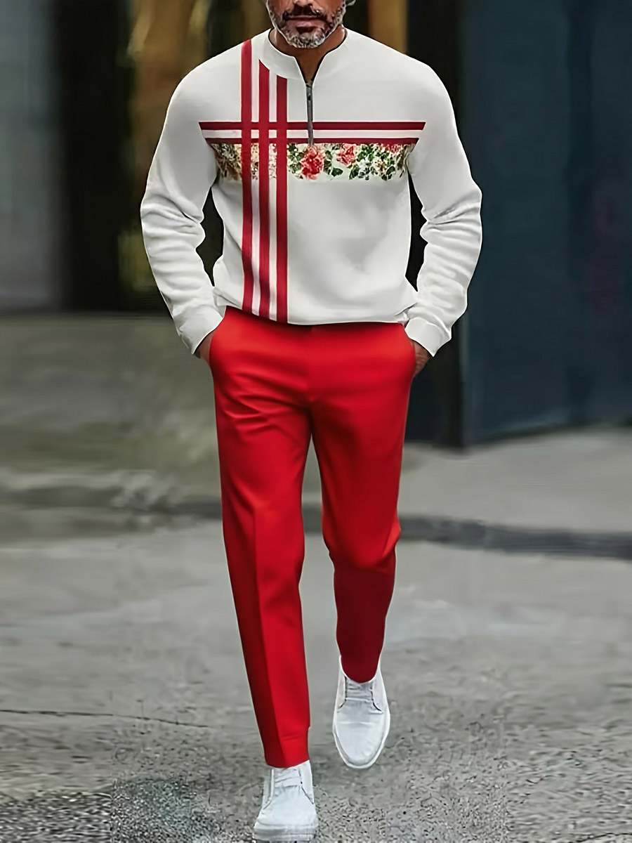 Conjunto de dos piezas casual Red & White Color Matching Geometric estampado Round-Neck Zipper de manga larga sudadera & Trousers para hombre