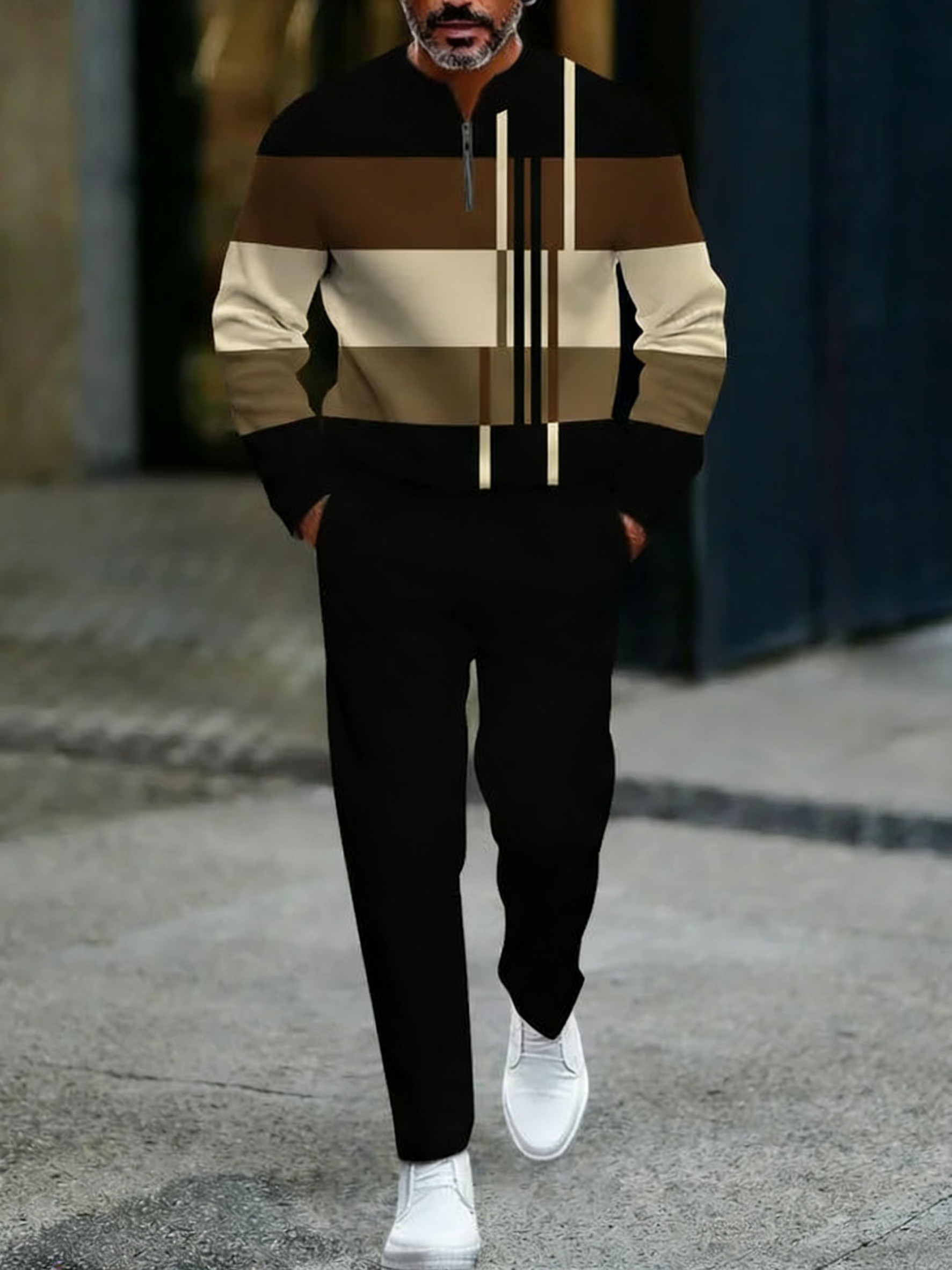 Conjunto de dos piezas casual Khaki & Coffee Color Matching geométrico estampado Round-Neck cierre de manga larga Tops & Trousers para hombre