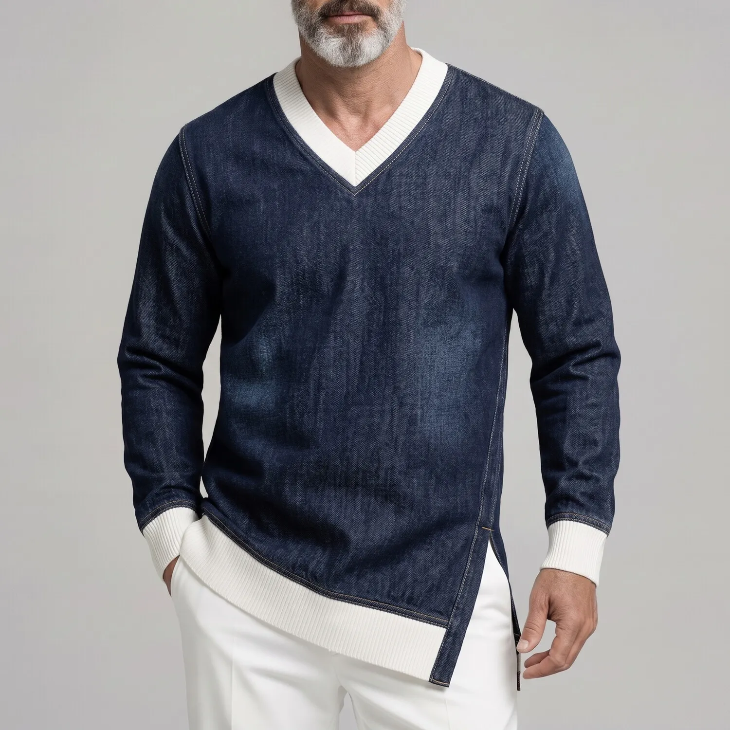 para hombre casual V Neck Contrast Rib tejido Trim Side Split de manga larga Denim Sweacamiseta