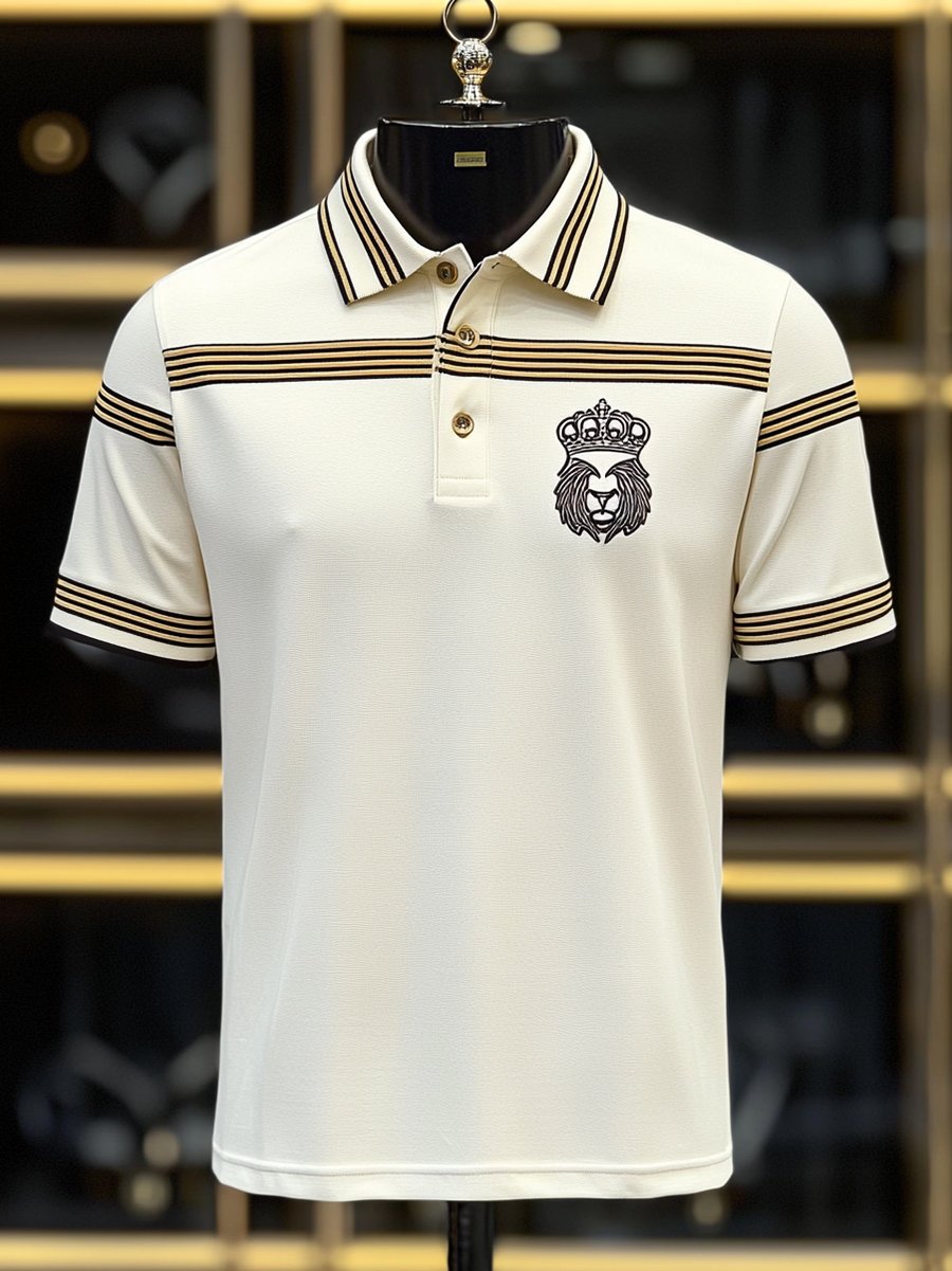 Camisa polo ejecutivo rayas Logo con botones de manga corta para hombre