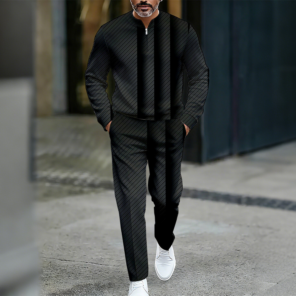 Conjunto de dos piezas casual Color Matching estampado Round-Neck Zipper de manga larga Trousers para hombre