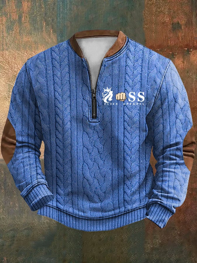 Sudadera retro Letter estampado cierre Neck tejido para hombre