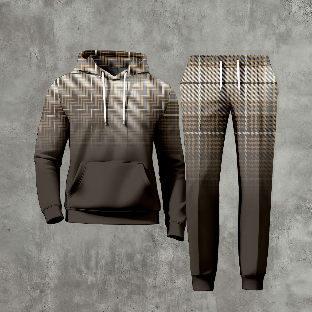 Conjunto de dos piezas casual Gradient Checked estampado de manga larga sudadera con capuchas sudadera & Trousers Coffee para hombre